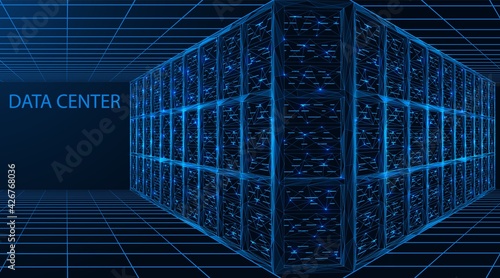 Data center. A room with servers for digital processing and storage of information. Polygonal construction of connected lines and points. Blue background.