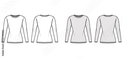 Crew neck Sweater technical fashion illustration with long sleeves, slim fit, hip length, knit rib trim. Flat jumper apparel front, back, white grey color style. Women, men unisex CAD mockup