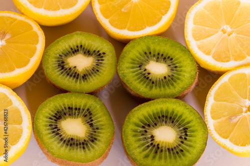 kiwi and lemon  fruit in cross section