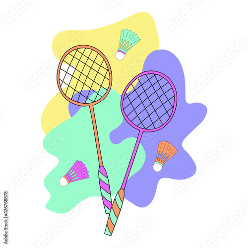 Doodle style badminton rackets and shuttlecocks. Vector illustration with lettering for logo, textile, prints, stickers, posters, postcards.