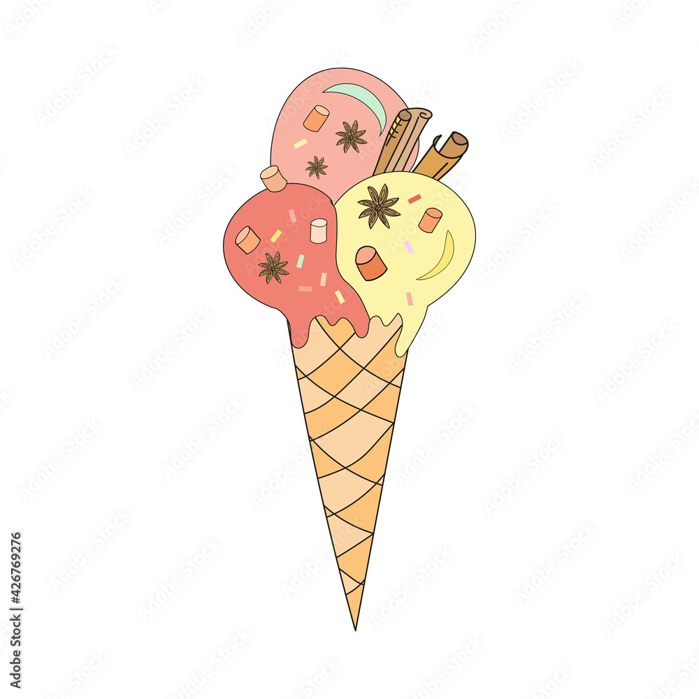 Ice cream cone with cinnamon and marshmallow. Vector illustration in doodle style with colored balls for textile, prints, stickers, posters, postcards, menu design, cafe interior. Ice cream cone with cinnamon and marshmallow. Vector illustration in doodle style with colored balls for textile, prints, stickers, posters, postcards, menu design, cafe interior.