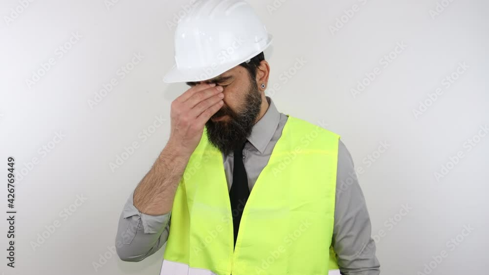 Architect wearing safety helmet and reflective jacket tired rubbing nose and eyes feeling fatigue and headache. Stress and frustration concept. Architect wearing safety helmet and reflective jacket tired rubbing nose and eyes feeling fatigue and headache. Stress and frustration concept.