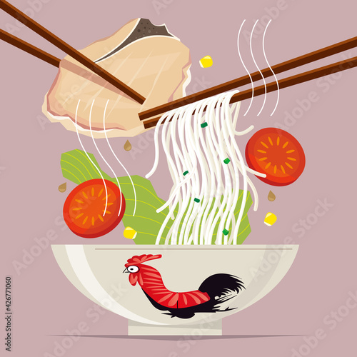 Graphic illustration of a meal of typical Hong Kong-style rice noodles with pork chop
