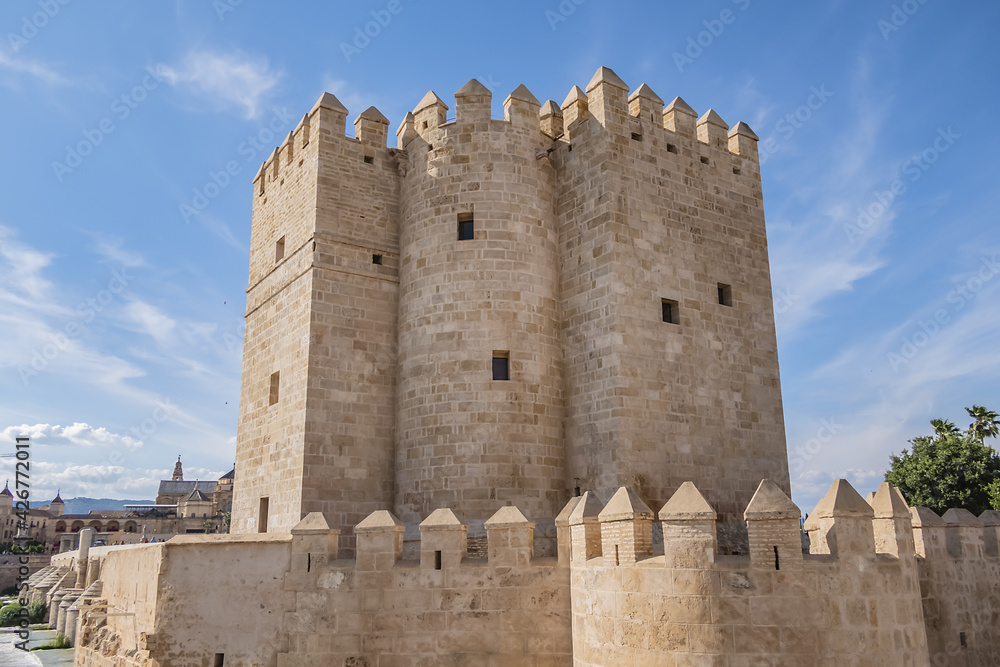 Tower of Calahorra (Torre de la Calahorra, 1369) - fortress of Islamic origin conceived as an entrance and protection Roman Bridge of Cordoba across Guadalquivir River. Cordoba, Andalusia, Spain.