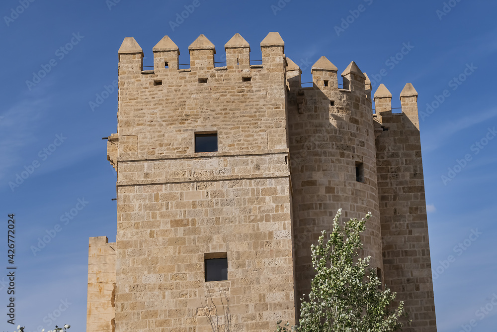 Tower of Calahorra (Torre de la Calahorra, 1369) - fortress of Islamic origin conceived as an entrance and protection Roman Bridge of Cordoba across Guadalquivir River. Cordoba, Andalusia, Spain.