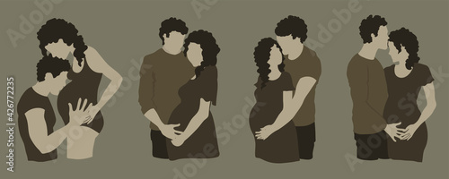 Pregnant couple flat vector illustration, Family expecting a baby hand drawn templates, Couple hugging