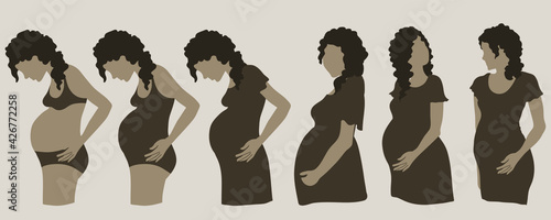 Pregnant woman flat vector illustration, Faceless female in different poses, Pregnant female in cute dress holding her belly