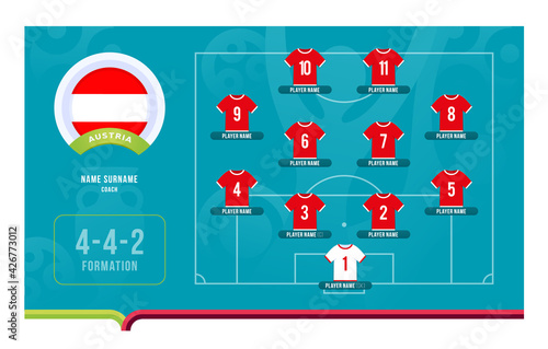 Austria line-up Football 2020 tournament final stage vector illustration. Country team lineup table and Team Formation on Football Field. 2020 soccer tournamet Vector country flags.