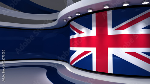 United Kingdom. Great Britain. British flag studio. UK flag background. TV studio. Loop animation. News studio. Backdrop for any green screen or chroma key video production. 3d render. 3d