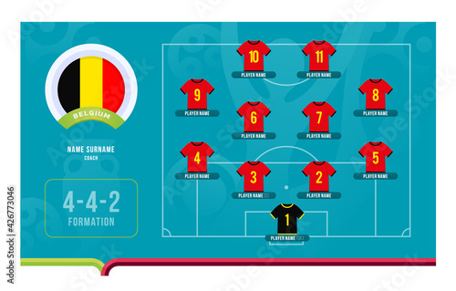 Belgium line-up Football 2020 tournament final stage vector illustration. Country team lineup table and Team Formation on Football Field. 2020 soccer tournamet Vector country flags.