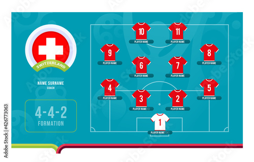 Switzerland line-up Football 2020 tournament final stage vector illustration. Country team lineup table and Team Formation on Football Field. 2020 soccer tournamet Vector country flags.
