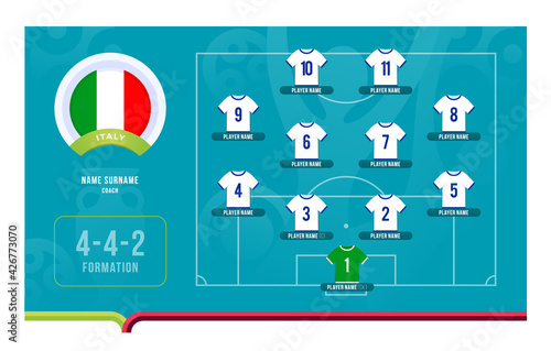 Italy line-up Football 2020 tournament final stage vector illustration. Country team lineup table and Team Formation on Football Field. 2020 soccer tournamet Vector country flags.