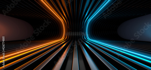 Fototapeta Naklejka Na Ścianę i Meble -  Sci Fy neon lamps in a dark tunnel. Reflections on the floor and walls. 3d rendering image.