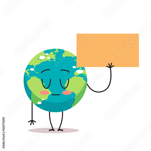 sad earth character holding blank banner cartoon mascot globe personage demonstrating against global warming showing protest sign save planet concept isolated