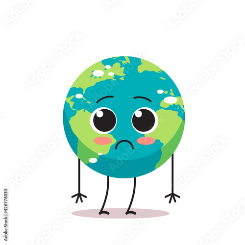 sad earth character unhappy cartoon mascot globe personage say no plastic climate change save planet concept isolated