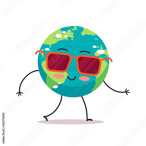 cute earth character wearing sunglasses cartoon mascot globe personage save planet global warming concept isolated