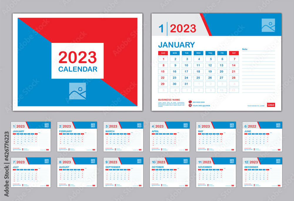 Calendar 2023 Template, Set Desk Calendar 2023 design, Set of 12 Months, Planner, wall Calendar design, Week starts on Monday, Cover design, poster, advertisement, professional Business template