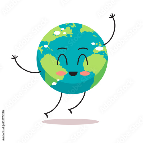 cute earth character waving hand cartoon mascot globe personage save planet concept isolated