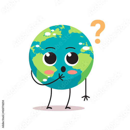 confused earth character with question mark cartoon mascot globe personage trouble problem stress save planet concept isolated