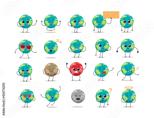 set cute earth characters with different emotions cartoon mascot globe personages collection save planet concept isolated