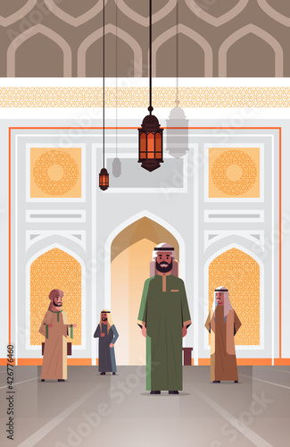 arab people coming to nabawi mosque building muslim religion concept arabic men in traditional clothes flat full length