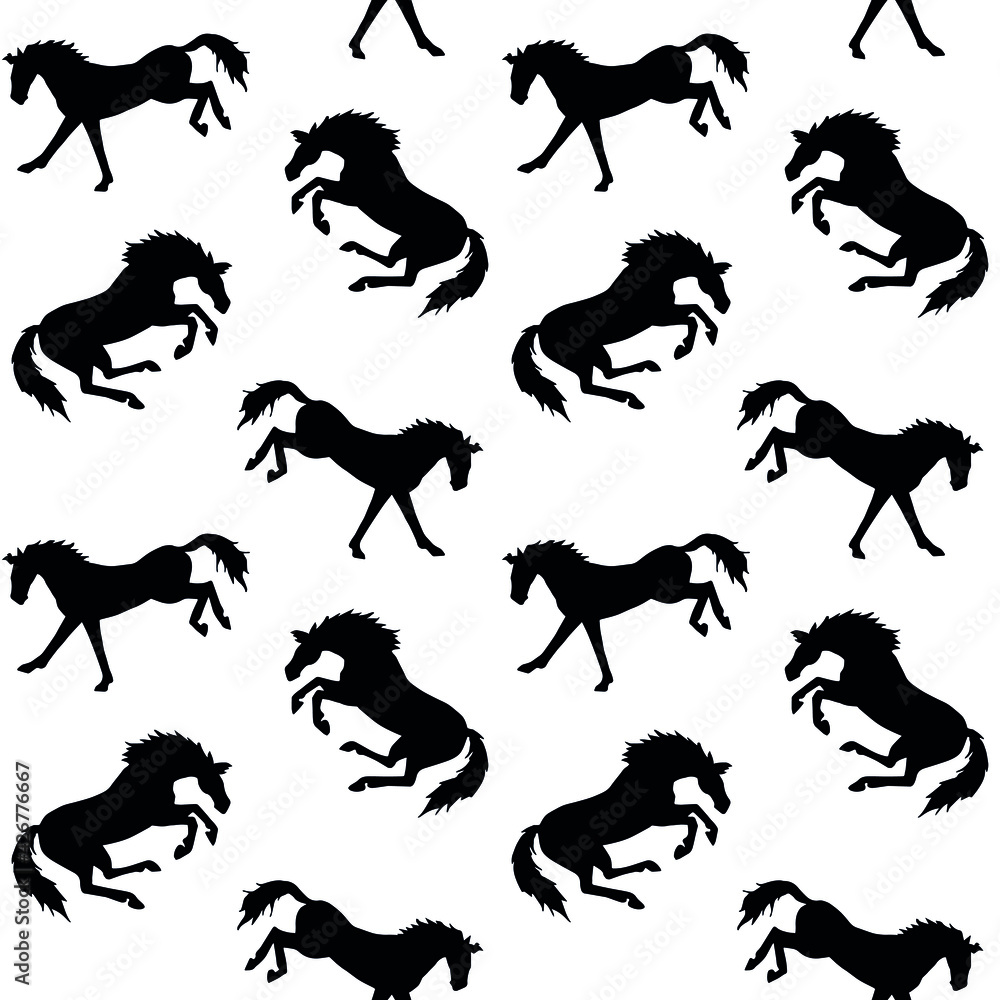 Vector seamless pattern of black hand drawn doodle sketch kicking horse isolated on white background