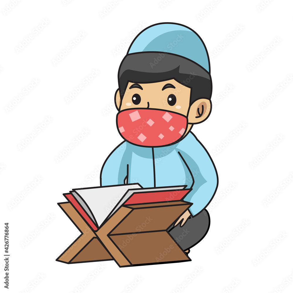 Muslim boys religious reading al-quran,ramadan month, using mask and healthy protocol.Character illustration. Muslim boys religious reading al-quran,ramadan month, using mask and healthy protocol.Character illustration.