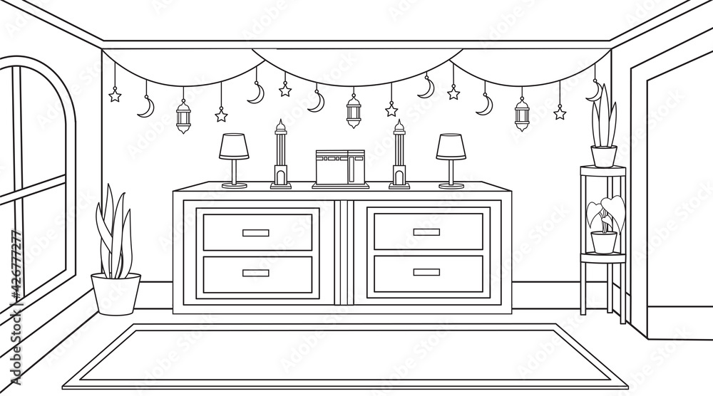 Background muslim religious room,praying room,reading al quran room. Ramadan ornament muslim With decorative plants.Background muslim illustration.