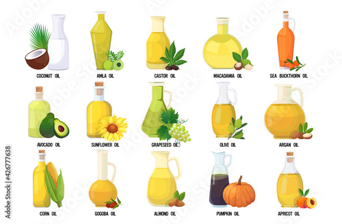 set fresh oil glass bottles collection with different organic vegetables and fruits names isolated on white background horizontal