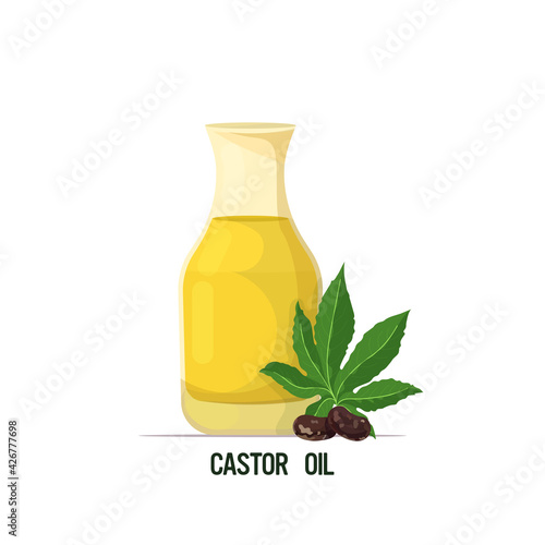 fresh castor oil glass bottle with beans and leaves isolated on white background