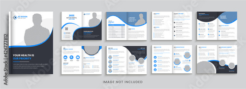 Modern medical or health care brochure  template with blue and black color geometric shapes Premium Vector