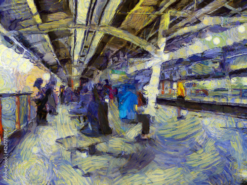 Landscape of the Skytrain Station Illustrations creates an impressionist style of painting. © Kittipong
