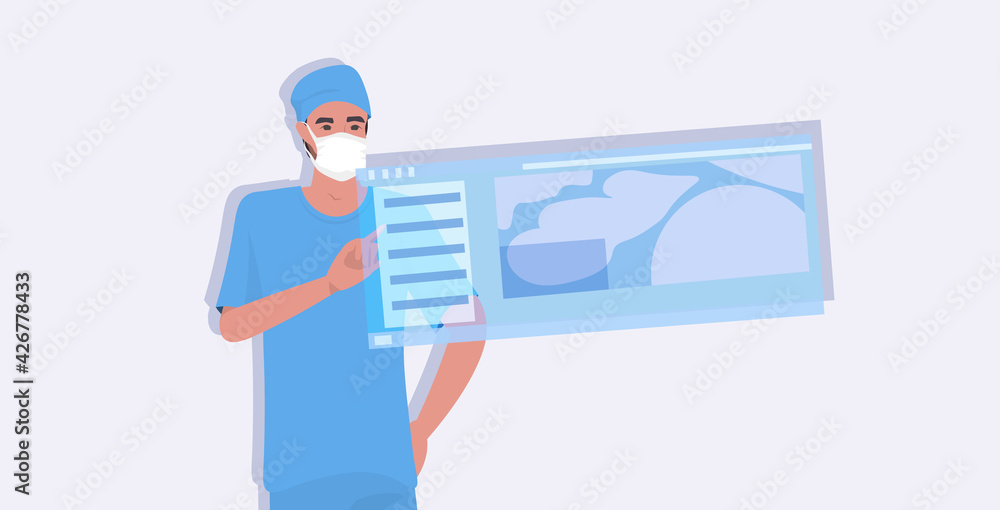 male doctor surgeon in uniform using virtual reality screen modern digital equipment medicine healthcare concept portrait horizontal