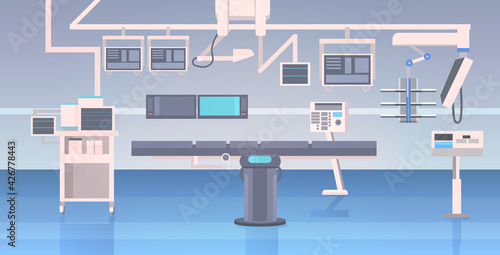 hospital operating table and medical devices modern clinic surgery room interior intensive therapy surgical procedures concept horizontal