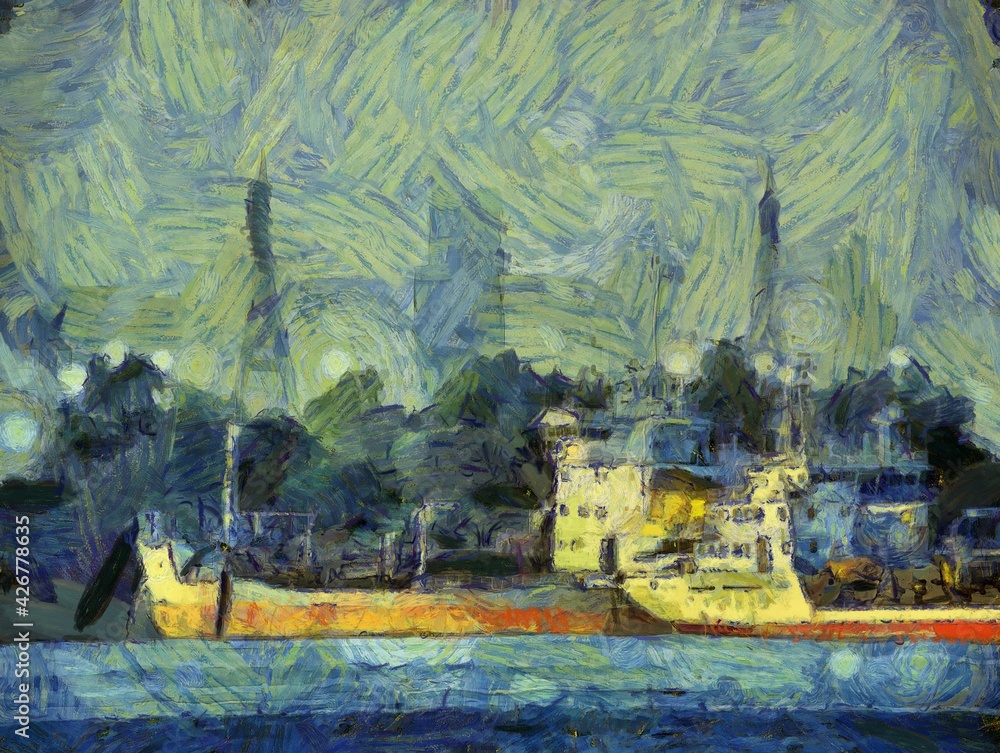 The landscape of the city harbor Illustrations creates an impressionist style of painting.