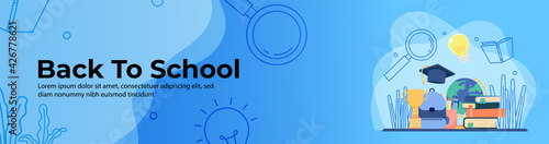 Back to school Web Banner Design. School bag, trophy, stack of books, education ornament. header or footer banner.