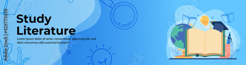 Study Literature Web Banner Design. Big Book, Graduation cap, education ornament. header or footer banner.