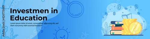 Investment in education Web Banner Design. Stack of books, stack of coins, education ornament. saving money for education concept header or footer banner.