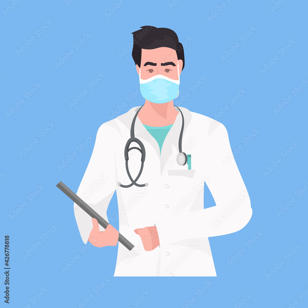 male doctor in uniform holding checklist hospital clinic worker wearing protective mask medicine healthcare concept portrait male doctor in uniform holding checklist hospital clinic worker wearing protective mask medicine healthcare concept portrait