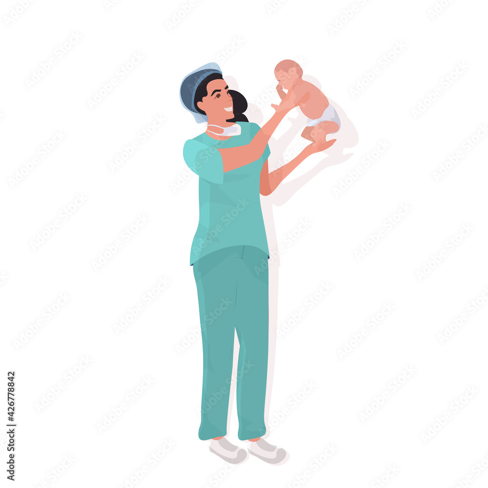 female doctor midwife in uniform holding newborn baby medical maternity hospital clinic worker with little child medicine healthcare midwifery concept full length