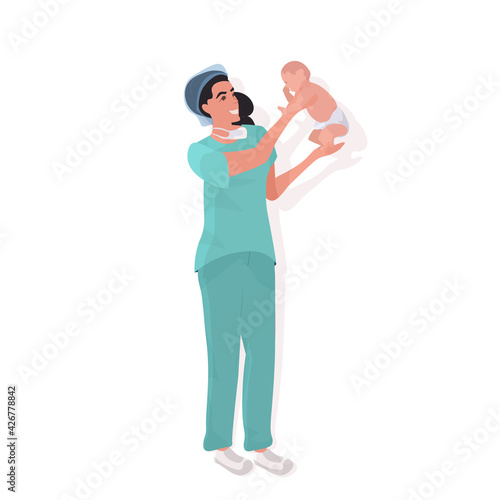female doctor midwife in uniform holding newborn baby medical maternity hospital clinic worker with little child medicine healthcare midwifery concept full length