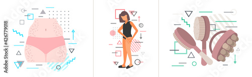 set cellulite problem zones of female body weight loss fat diet anti-cellulite massage concept horizontal