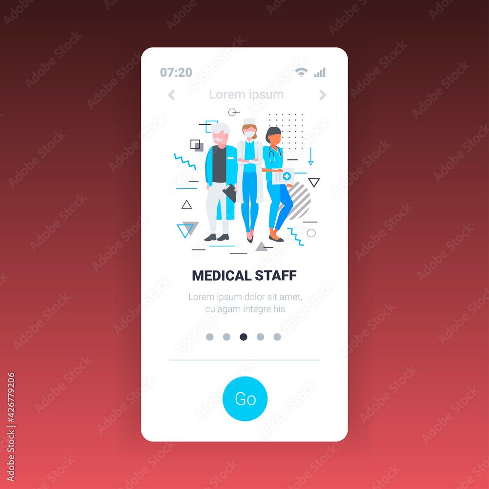 Naklejka premium hospital medical staff team doctors nurses surgeons in uniform medicine healthcare concept smartphone screen mobile app full length