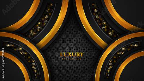 Luxury background design with shiny golden light effect on golden and black color premium Vector