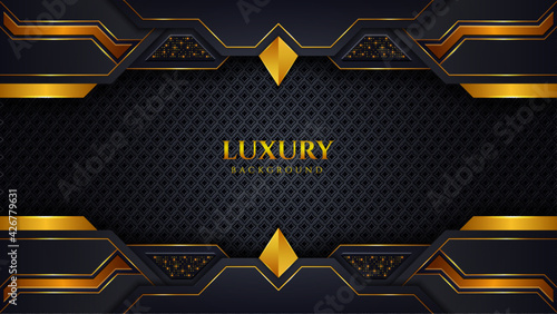Beautiful modern luxury background with black and golden color geometric shapes ornaments pattern lights Premium Vector