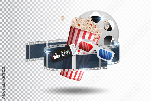 Realistic cinema movie poster template with film reel, clapper, popcorn, 3D glasses