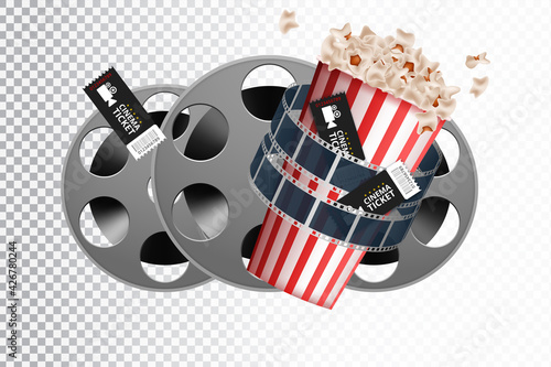 Striped box container with delicious popcorn in 3d illustration