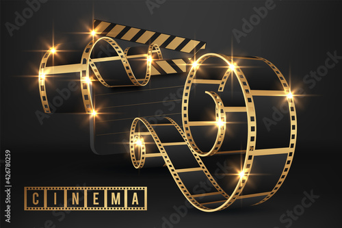 Realistic 3D cinema film strip in perspective isolated