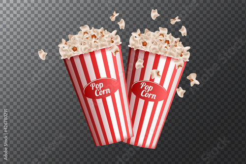 Striped box container with delicious popcorn in 3d illustration
