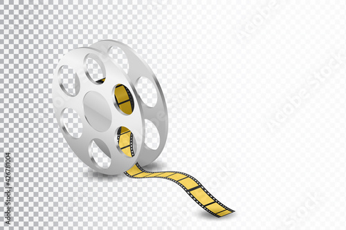 Film reel and twisted cinema tape isolated on white background
